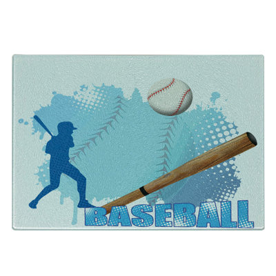 Ambesonne Sports Tempered Glass Cutting Board Baseball Sport Cartoon Blue and White