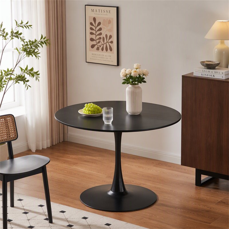 Table tulipe de 42,1 po de couleur noire, table de salle à manger de style Mid-Century pour 4 à 6 personnes - plateau de table rond en panneau de fibres à densité moyenne, table de salle à manger à piédestal, table de bout et table basse de loisir