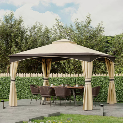 Outsunny 10' X 12' Outdoor Gazebo With Netting And Curtains, Patio Gazebo Canopy With 2-Tier Soft Top Roof And Steel Frame For Lawn, Garden, Backyard And Deck