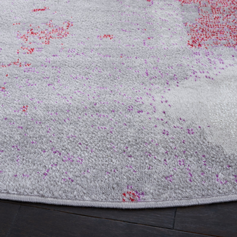 Tapis gris / rouge à motif abstrait, Carré 6 pi 7 po