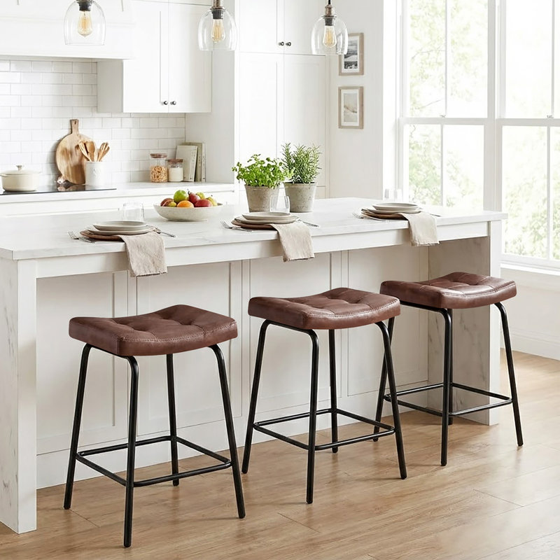 25.5''H Faux Leather Counter Stools Set of 3 for Kitchen Island, Backless Saddle Counter Height Bar Stools with Metal Frame & Footrest, Dark Brown
