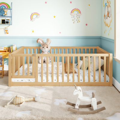 Twin Size Wooden Floor Bed with Safety Guardrails Door, Solid Wood Low Profile Toddler Bed Frame, Natural