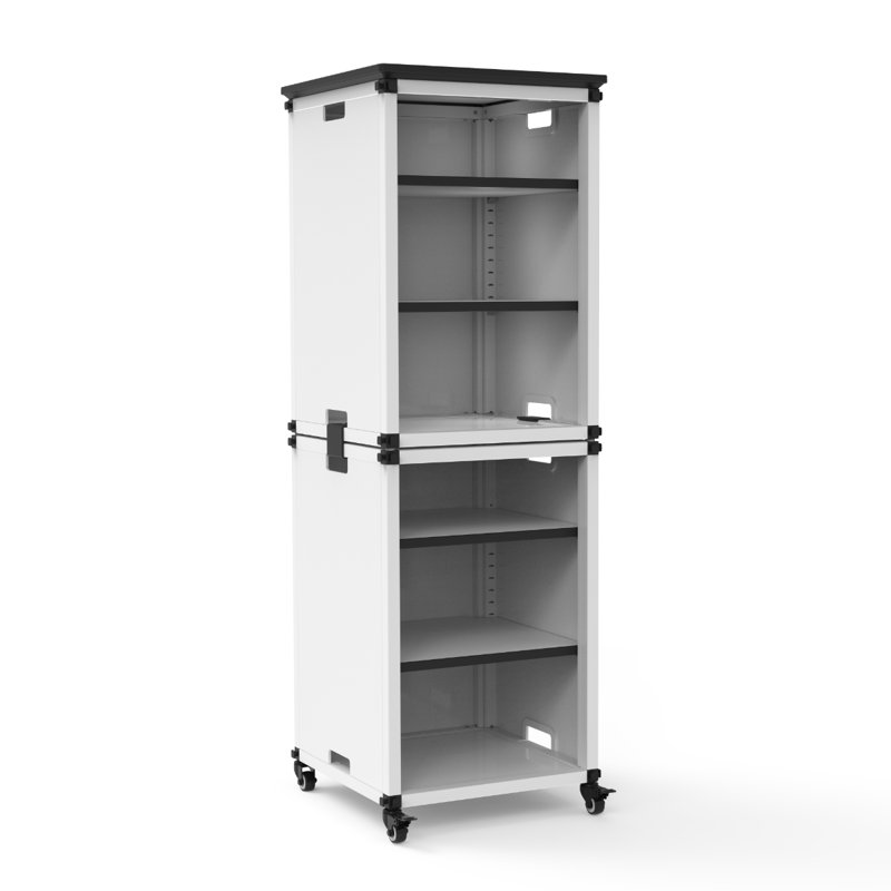 Bibliothèque modulaire de classe - Modules étroits empilés avec roulettes et plateau de table
