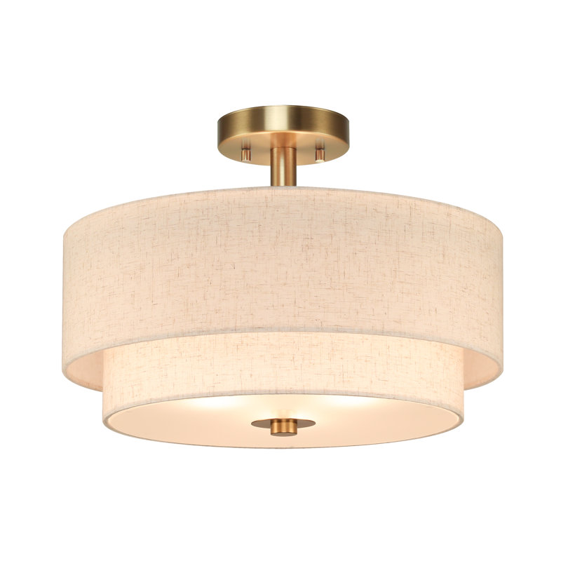 Brushed Brass Semi Flush Ceiling Light with Dual Drum Shade