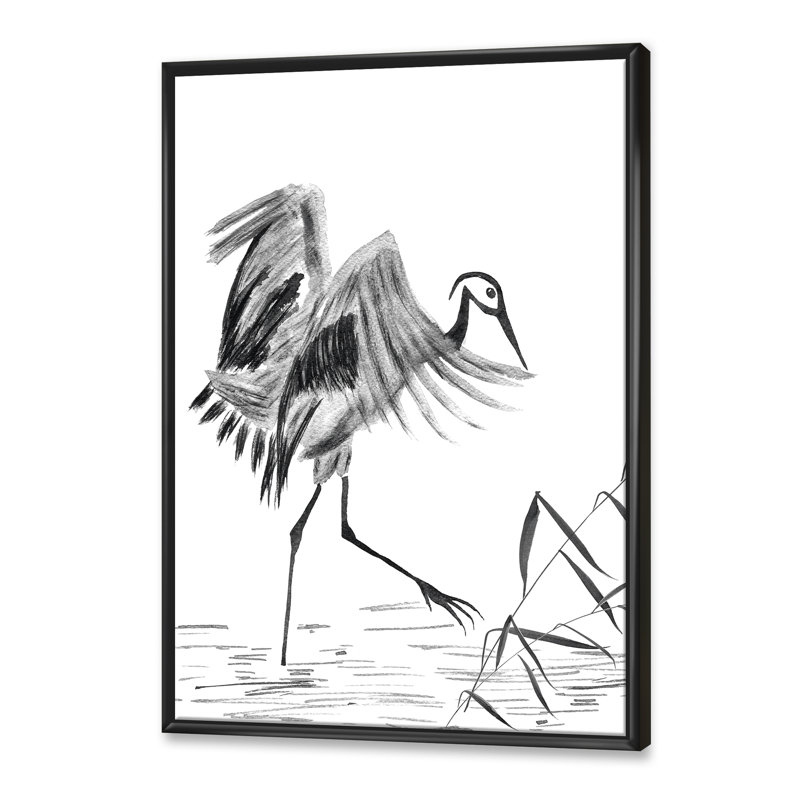 Grue japonaise japonaise - peinture sur toile, H 40 po x l 30 po x 1,5 po, Cadre noir