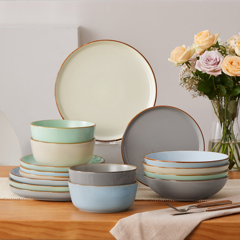 RENIOO Stoneware Dinnerware Set 16 Piece - Service for 4, Gray/Blue/Green
