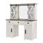 (Tabouret non inclus) Meuble-lavabo de ferme avec miroir éclairé, coiffeuse avec station de charge, coiffeuse avec porte de grange coulissante, tablettes cachées, 3 tiroirs et 4 armoires