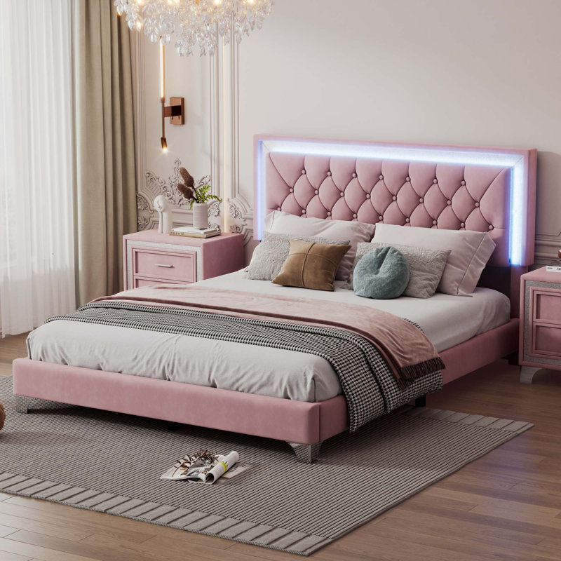 Upholstered Platform Bed Frame With LED Lights, Pink