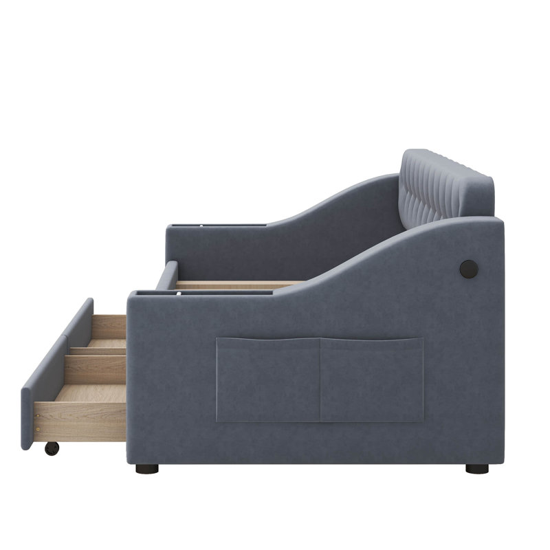 Jashan Twin Size Upholstered Daybed with Storage Armrests and USB Port, Grey
