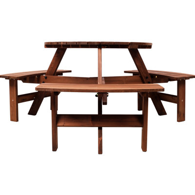 Table ronde de pique-nique en bois pour 6, 3 bancs encastrés, trou pour parasol, plateau de table de 35 pouces, bords arrondis lisses, 41,18 lb, brun, table solide et stable, capacité de personnes,