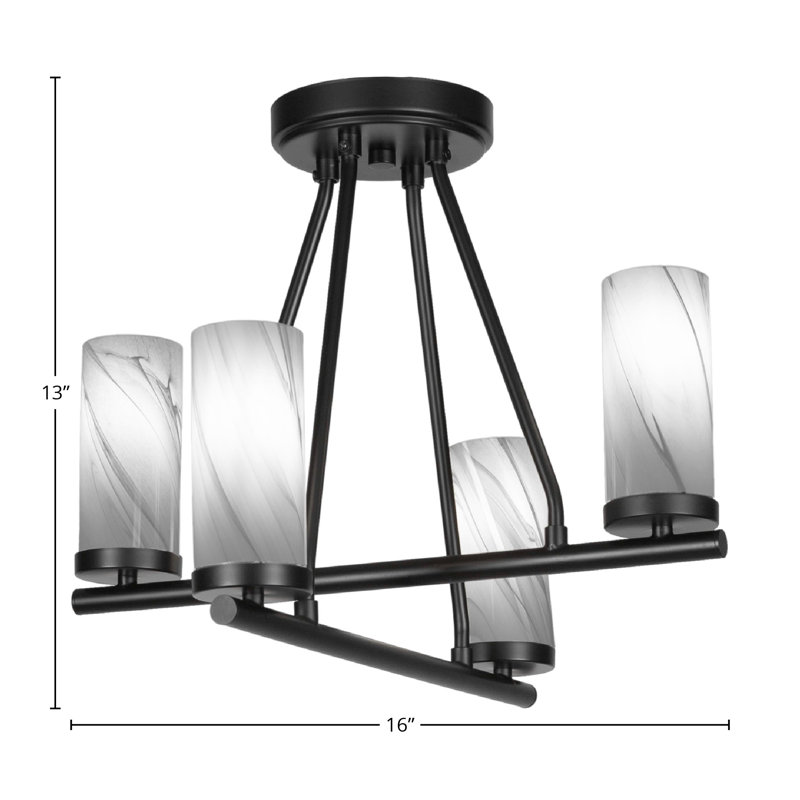 Trinity 4 Light Semi-Flush With 2.5” Onyx Swirl Glass, Matte Black