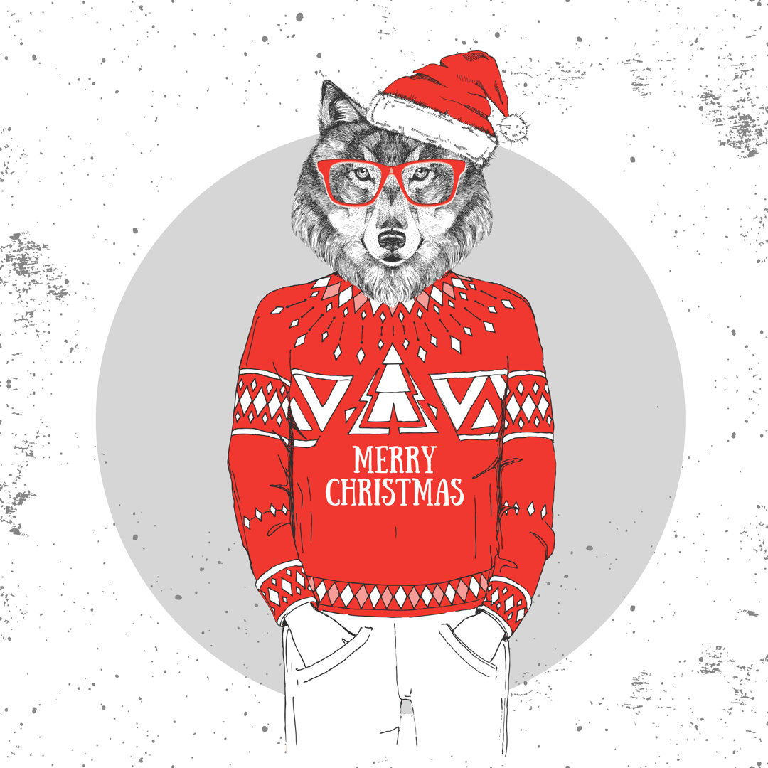 Christmas Hipster Fashion Animal Wolf Dressed A New Year Hat And Pullover by Ganna Bozhko - Wrapped Canvas Graphic Art