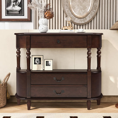 Solid Wood Half Moon Console Table with Drawers, 43 Inch Curved Retro Sofa Table for Entryway, Made of Pine with Roman Legs and Espresso Finish