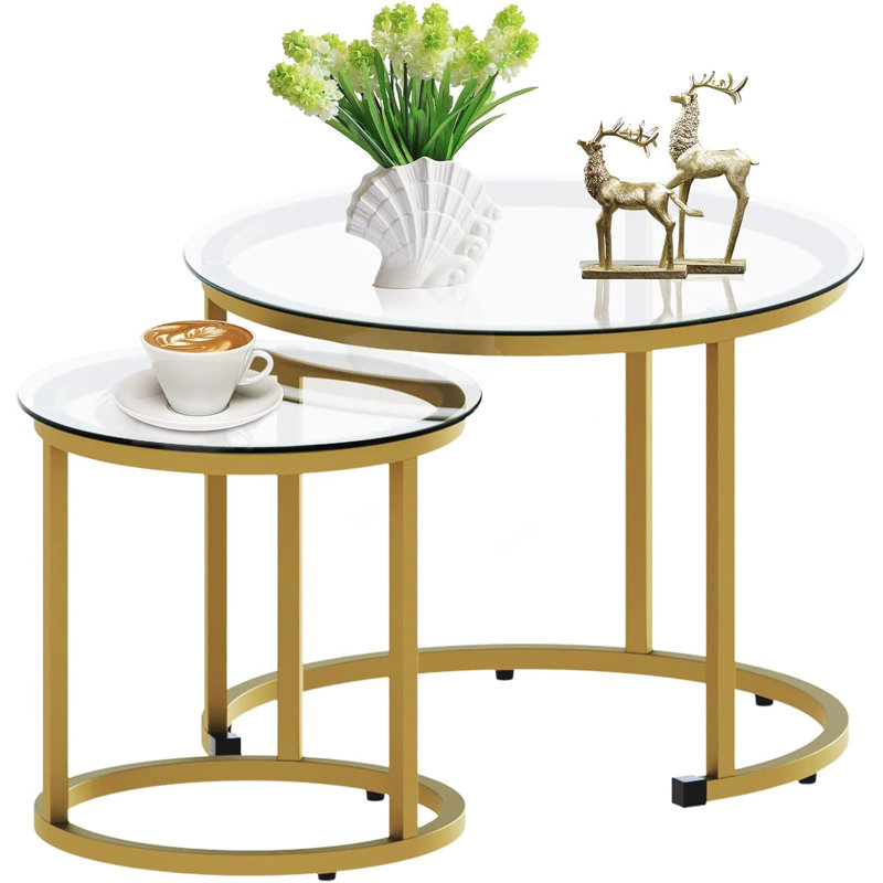 Nesting Coffee Table Set Of 2, Small Glass Round Nesting Tables For Living Room Bedroom, Accent Tea Table With Metal Frame Modern Industrial Simple