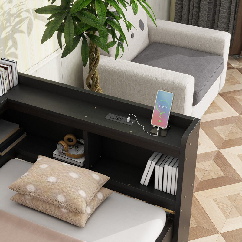 Lit en forme de L avec bibliothèques avec prises de courant, ports de chargement USB, deux tiroirs, Lit simple