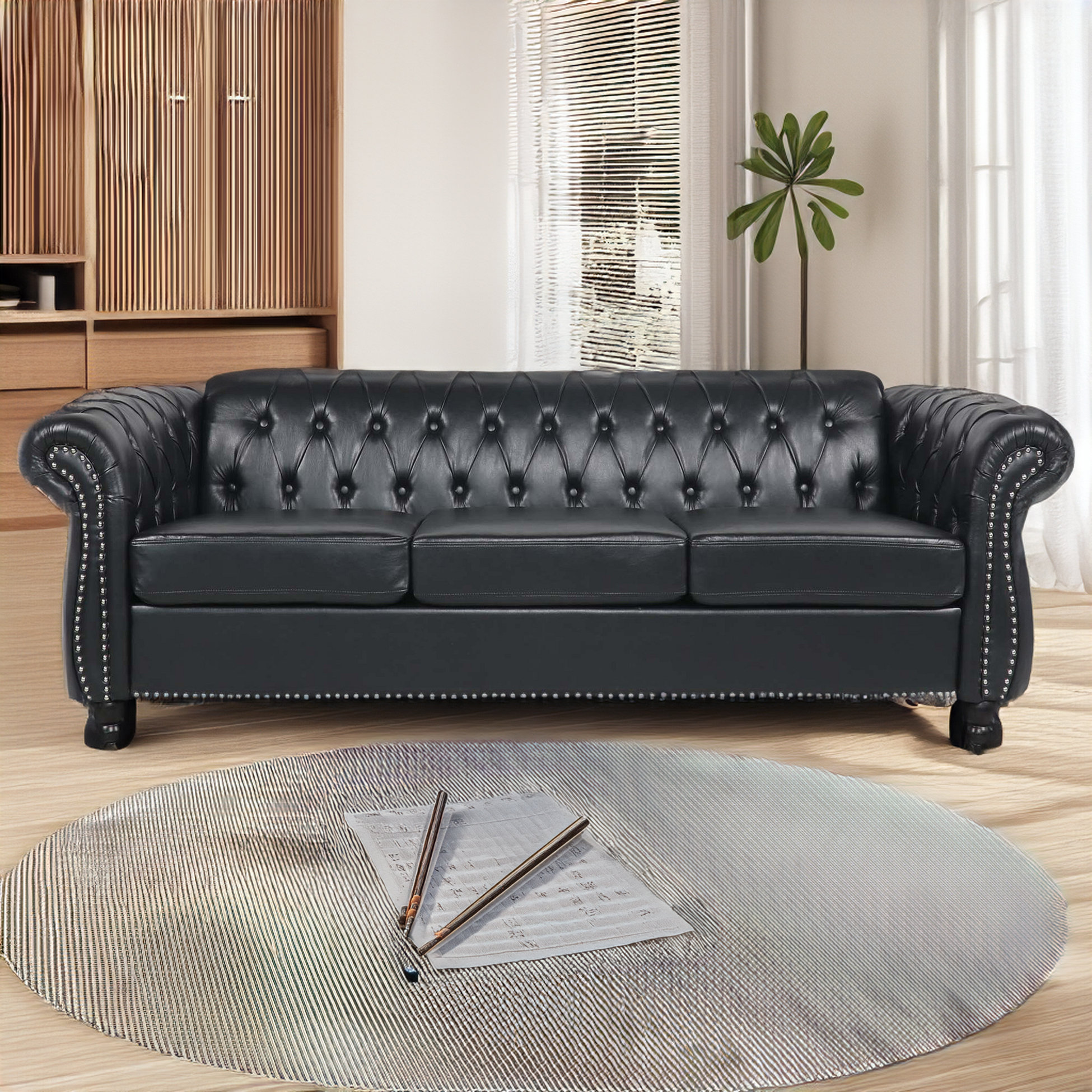 Canora Grey Elaiza 84.65 Chesterfield Sofa Faux Leather Three Seater Sofa with Rolled Arm & Reviews | Wayfair