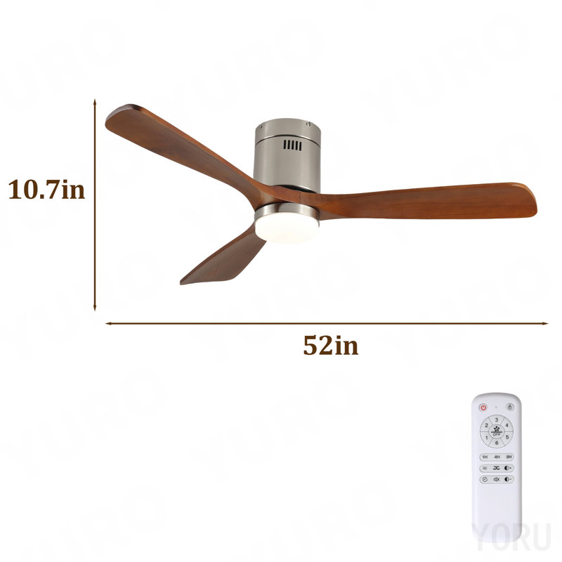 Ventilateur de plafond de 52 pouces avec lumière, 3 pales en bois de noyer massif, télécommande, moteur à courant continu réversible à 6 vitesses pour chambre à coucher, salle à manger, salon.