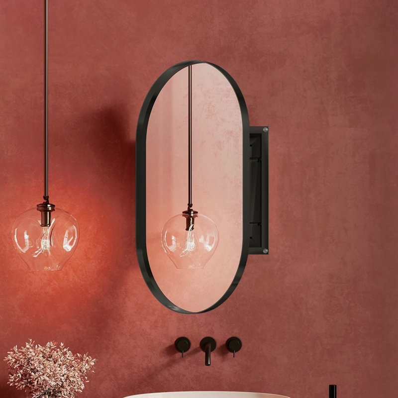 20X34 Inch Oval Recessed Medicine Cabinet, Metal Framed Bathroom Wall Cabinet With Mirror And Adjustable Shelves, Wall Mirror With Storage For Bathroom