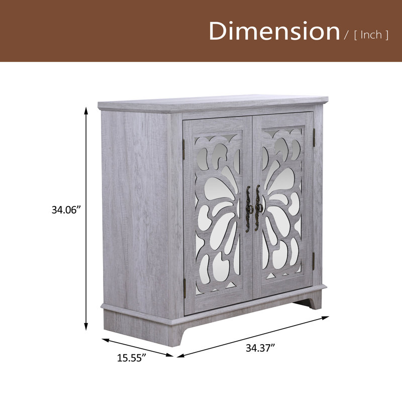 Élégant buffet avec 2 portes en miroir en acrylique et buffet avec rangement, armoires décoratives creuses et support en panneau de fibres à densité moyenne, tablette spacieuse réglable, salon, cuisine