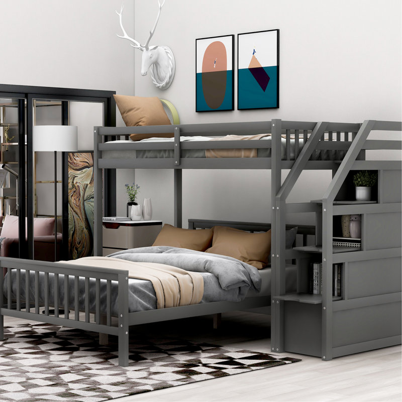 Lit mezzanine avec lit simple au-dessus de l'installation complète, barrières de sécurité - lit superposé gris, support de matelas confortable