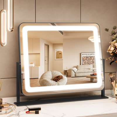 500*400MM*30" Square LED Vanity Mirror – 3-Color Dimmable Touch Screen Makeup Mirror with 360° Rotation, Adjustable Brightness, Memory Function, Aluminum Frame, Tabletop Cosmetic Mirror for Bathroom, Bedroom