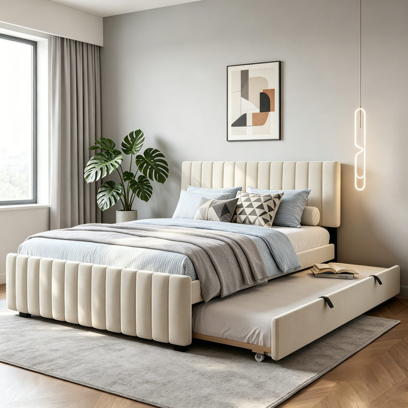 Lit plateforme tapissier en velours avec lit gigogne, Beige, Grand lit