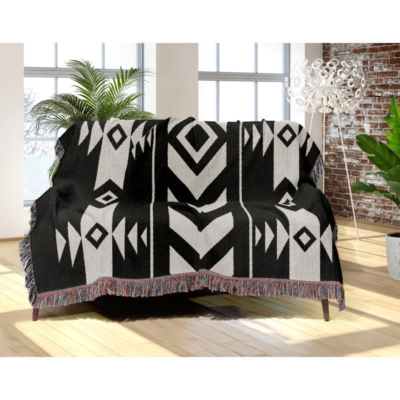 Jeté en mélange de coton Fika South Western, Noir/Blanc cassé, L 70 po x l 50 po
