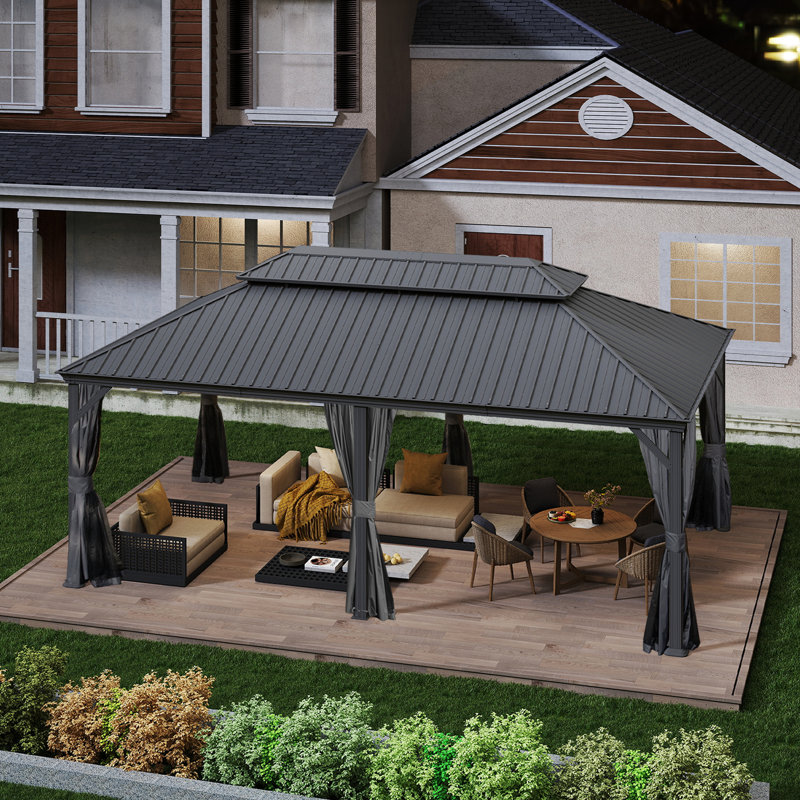 20 Ft. W x 14 Ft. D Galvanized Steel Patio Gazebo with Double Roof, Gray, Matte Black
