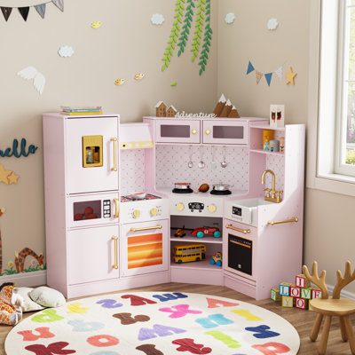 Corner Play Kitchen For Kids, Wooden Toddler Kitchen Playset