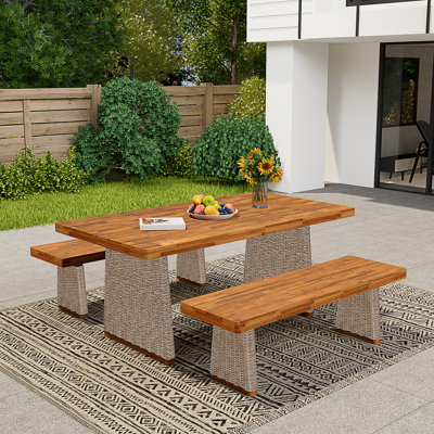 Outdoor Acacia Wood Dining Table Set With 1 Table And 1 Bench