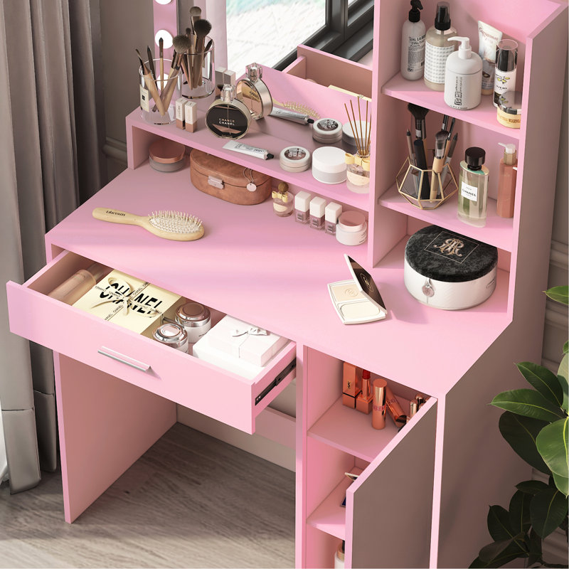 Bedroom Vanity With 12 , Adjustable Color, Large Shelf Storage, White Table Dressing Lights - Three Shelves Brightness, Particle Board