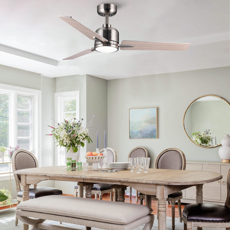 Ventilateur de plafond moderne 48 "avec lumière et 3 pales, Nickel brossé; bois jaune clair, Nickel brossé