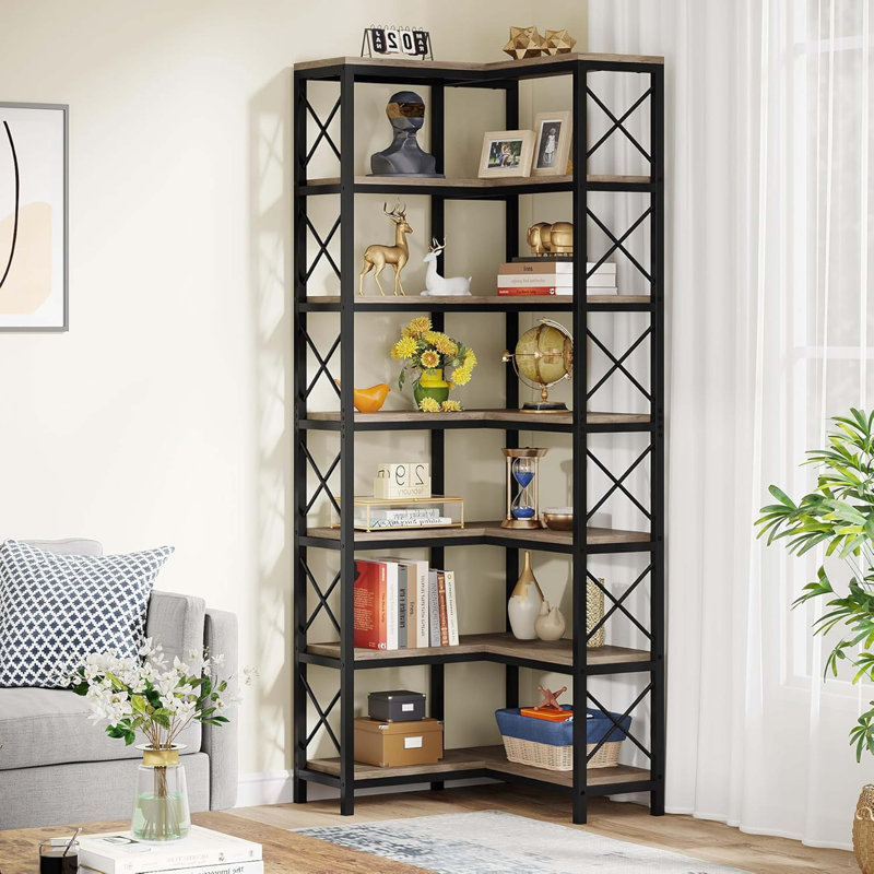 79.53" Tall 7-Tier Large Corner Bookshelf, Wood & Metal Tall Storage Bookcase For Living Room Home Office, Gray