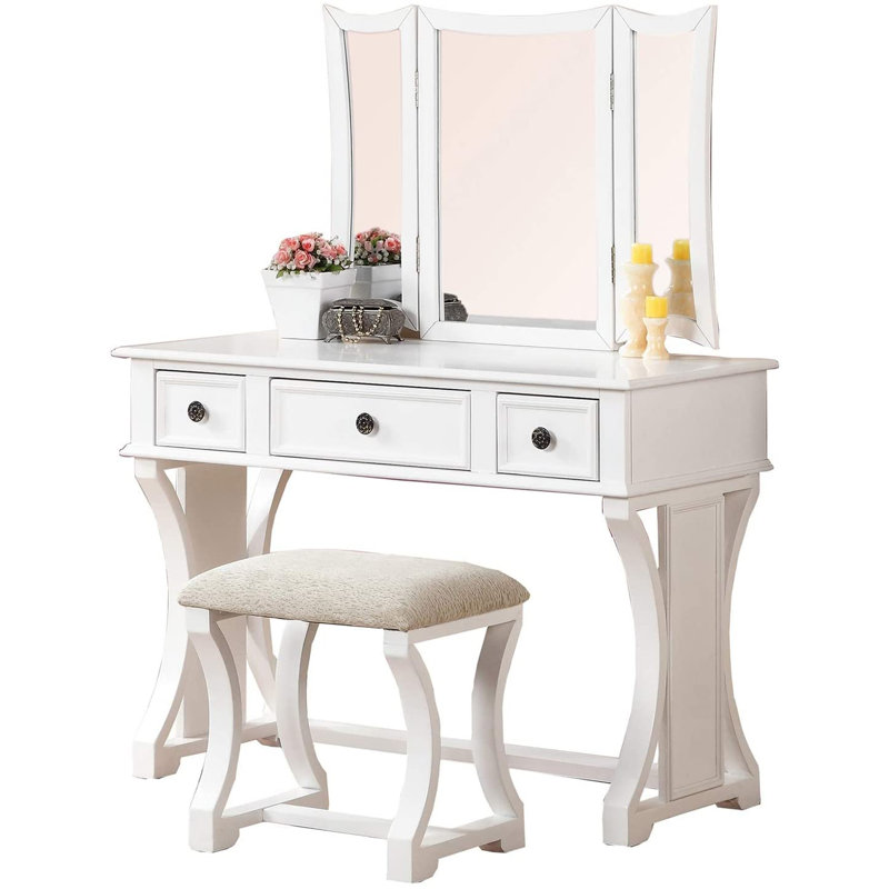 Unique Modern Bedroom Vanity Set W Stool Foldable Mirror Drawers White Color MDF Veneer 1Pc Vanity Furniture, White