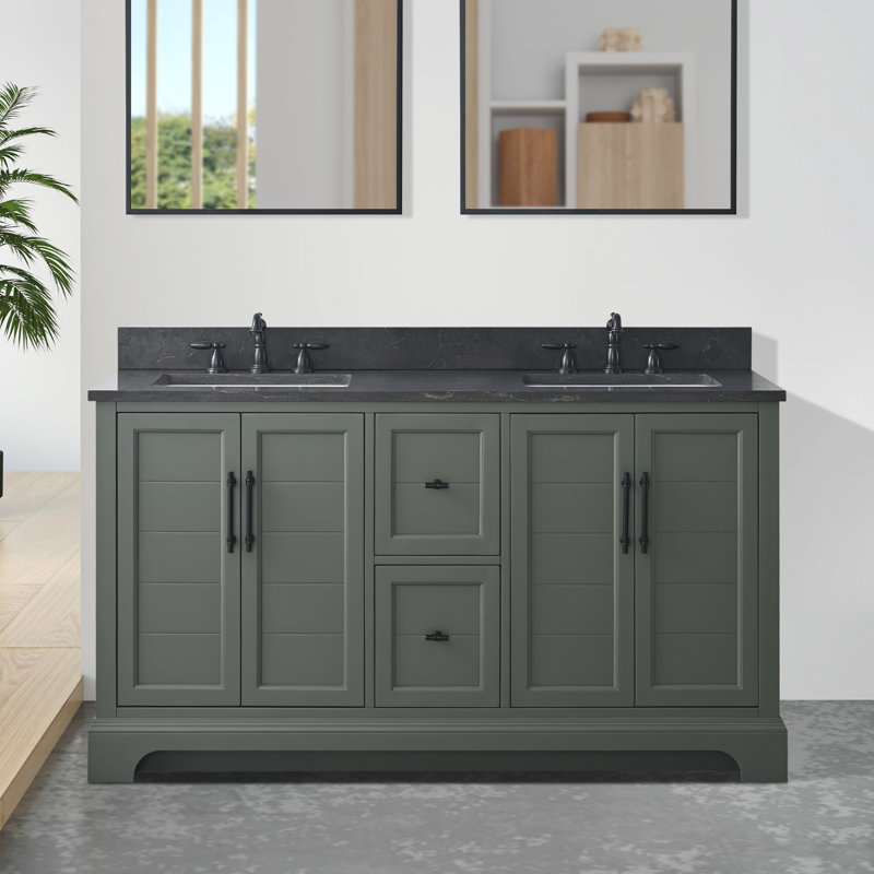 Ensemble de meuble-lavabo autoportant à double cuve 60 "avec plateau Komarek, Vert rétro