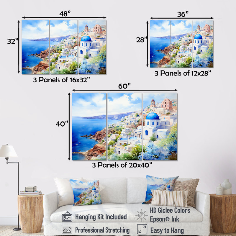 «Blue and White Santorini Village III - Grèce», art mural, Toile tendue, H 32 po x l 48 po