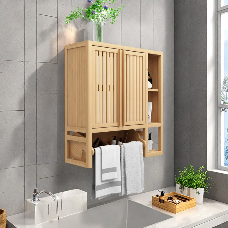 Grande boîte de rangement de toilette murale en bambou pour salle de bain