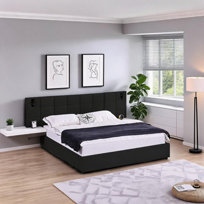 Lit plateforme très grand avec rangement hydraulique, lit tapissier en velours noir élégant avec lampes intégrées et ports USB pour la chambre à coucher
