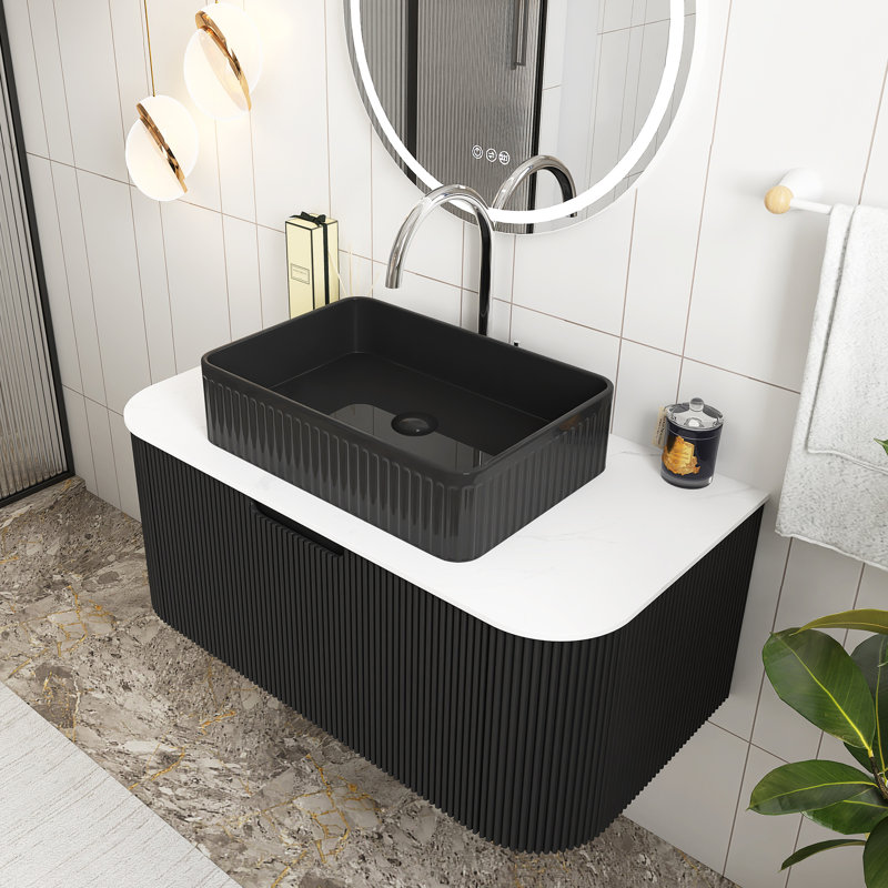 Meuble-lavabo mural rectangulaire en céramique blanche, Noir, 36"