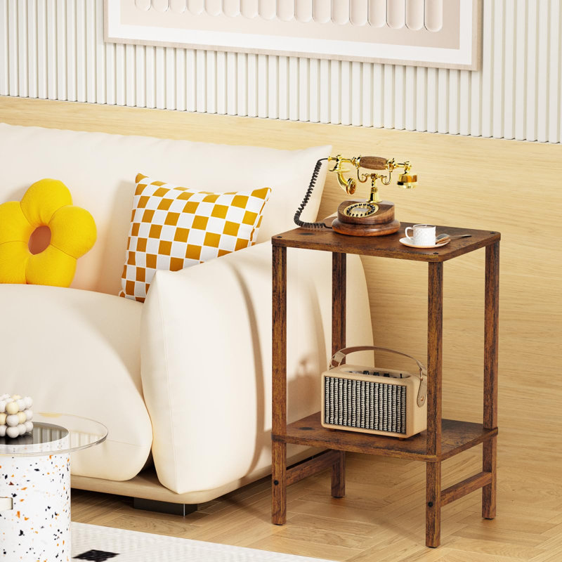 Ensemble de tables d'appoint étroites à 2 niveaux avec tablettes ouvertes, style industriel, table d'appoint en bois pour le salon, la chambre à coucher, le bureau personnel et les petits espaces