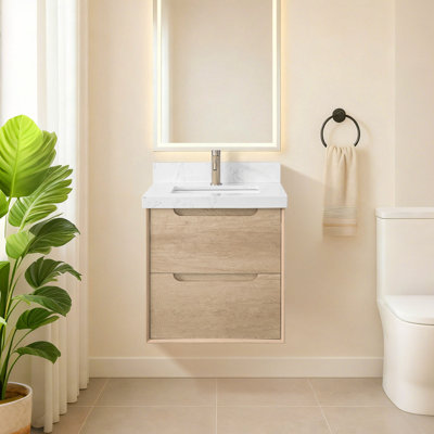 Wall Mounted Bathroom Cabinet With Engineered Stone Sink Top, Natural Oak Floating Vanity