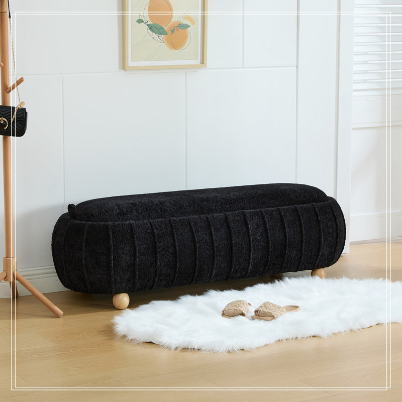 Banc de rangement capitonné à couvercle rabattable avec pattes en bois, Black