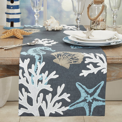 Chemin de table brodé bleu marine