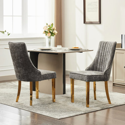 Chaises de salle à manger en rayonne grise et chenille de 2 pièces avec pieds plaqués en acier inoxydable doré, conception américaine, haut pour un soutien du dos solide, chaises longues, grises, chenille et confortables