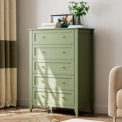 Commode 5 tiroirs, commode en bois moderne avec boutons en métal pour la chambre à coucher, placard, vert sauge