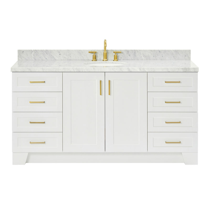 Frawley 67'' Solid Wood Single Bathroom Vanity in White with 1.5'' Carrara Marble Top, Center, Oval Sink, White, Oval 