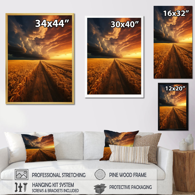 Baileyrae Golden Fieldsa, impressionnant paysage sur toile, Cadre flottant doré, H 32 po x l 24 po x P 1 po