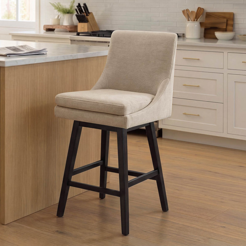 Zahara Upholstered Swivel Counter & Bar Stool, Bar Stool (30” Seat Height), Tan Polyester/Brown