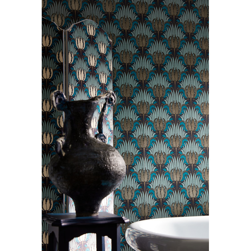 Tulip & Bird Wallpaper, Opal/Seafoam