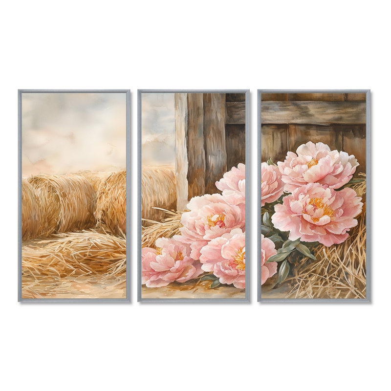 Ferme de pivoines dans le Hayloft III - art mural pivoines - ensemble de 3, H 40 po x l 60 po, Argent argent